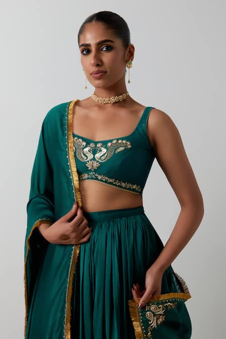 Vinusto_Green Chanderi Embroidery, Fringe Handcrafted Peacock And Floral Lehenga Set _at_Aza_Fashions