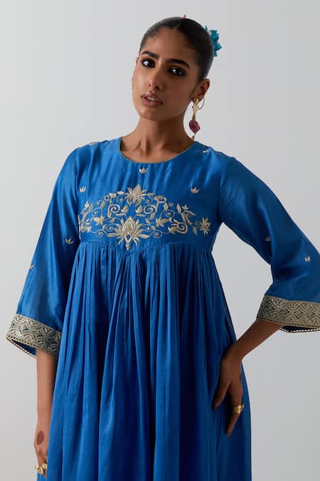Buy Vinusto Cobalt Chanderi Embroidery, Zari Round Neck Anarkali And Pant Set Online at Aza Fashions Buy_Vinusto_Cobalt Chanderi Embroidery, Zari Round Neck Anarkali And Pant Set _Online_at_Aza_Fashions