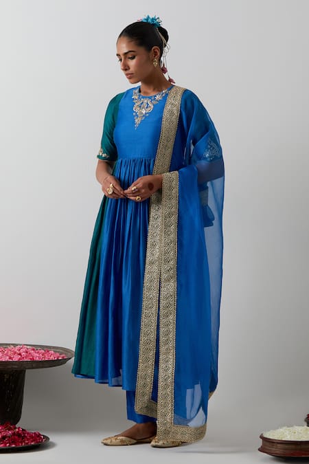 Shop_Vinusto_Cobalt Chanderi , Embroidery, Lace Round Neck Panelled Anarkali Set _Online_at_Aza_Fashions