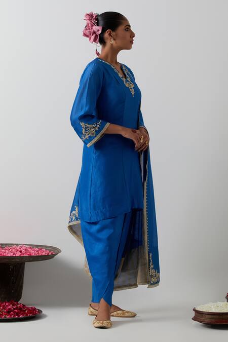 Buy_Vinusto_Cobalt Chanderi Silk Embroidery, Sequins, Metallic Thread Kurta And Dhoti Pant Set _Online_at_Aza_Fashions