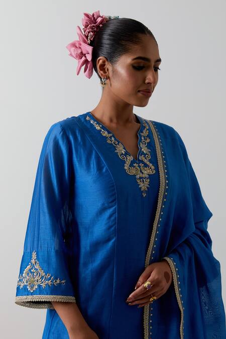 Shop_Vinusto_Cobalt Chanderi Silk Embroidery, Sequins, Metallic Thread Kurta And Dhoti Pant Set _Online_at_Aza_Fashions