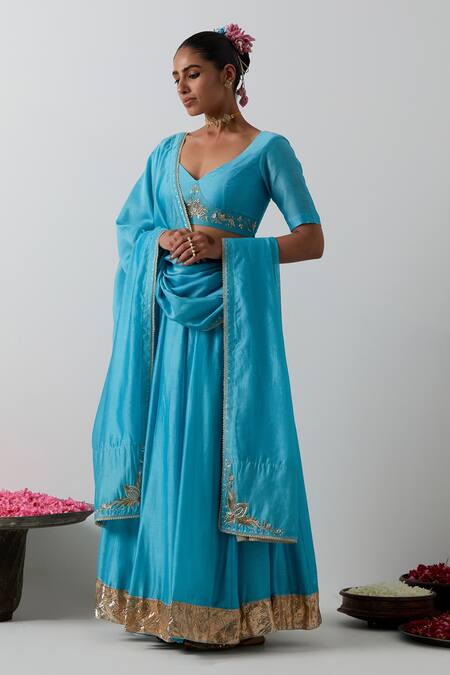 Buy Vinusto Blue Chanderi Gota Patti, Embroidery, Metallic Thread, Floral Motif Lehenga Set Online at Aza Fashions Buy_Vinusto_Blue Chanderi Gota Patti, Embroidery, Metallic Thread, Floral Motif Lehenga Set _Online_at_Aza_Fashions