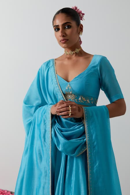 Shop Vinusto Blue Chanderi Gota Patti, Embroidery, Metallic Thread, Floral Motif Lehenga Set Online at Aza Fashions Shop_Vinusto_Blue Chanderi Gota Patti, Embroidery, Metallic Thread, Floral Motif Lehenga Set _Online_at_Aza_Fashions