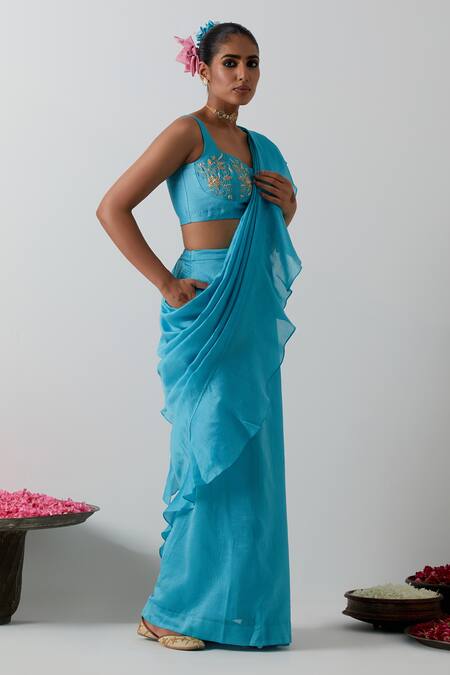 Buy_Vinusto_Blue Chanderi Ruffles, Embroidery, Zari Square Pre-draped Saree And Blouse Set _Online_at_Aza_Fashions