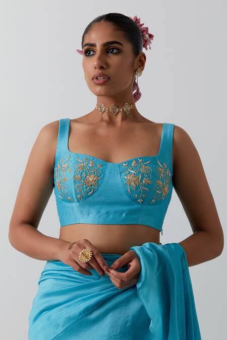 Shop_Vinusto_Blue Chanderi Ruffles, Embroidery, Zari Square Pre-draped Saree And Blouse Set _Online_at_Aza_Fashions
