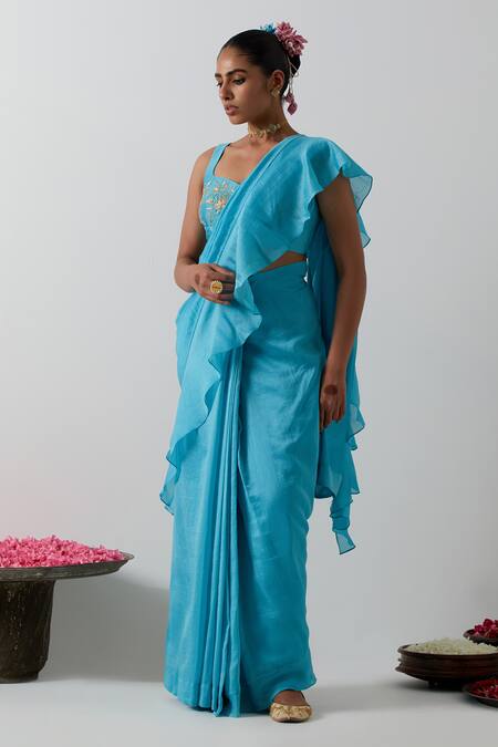 Vinusto_Blue Chanderi Ruffles, Embroidery, Zari Square Pre-draped Saree And Blouse Set _at_Aza_Fashions