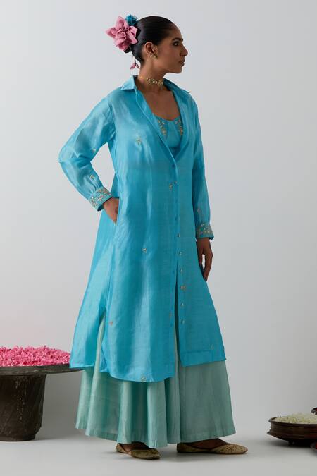 Buy_Vinusto_Blue Chanderi Silk Embroidery Sweetheart Neck, Collared Jacket Palazzo Set _Online_at_Aza_Fashions