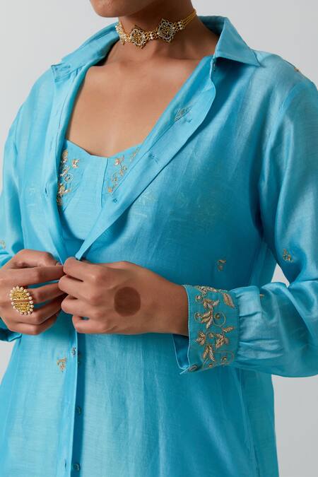 Shop_Vinusto_Blue Chanderi Silk Embroidery Sweetheart Neck, Collared Jacket Palazzo Set _Online_at_Aza_Fashions