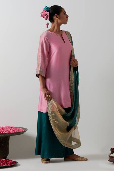 Vinusto_Pink Chanderi, Silk Embroidery, Lace, Zari Split V-neck Kurta Palazzo Set _Online_at_Aza_Fashions