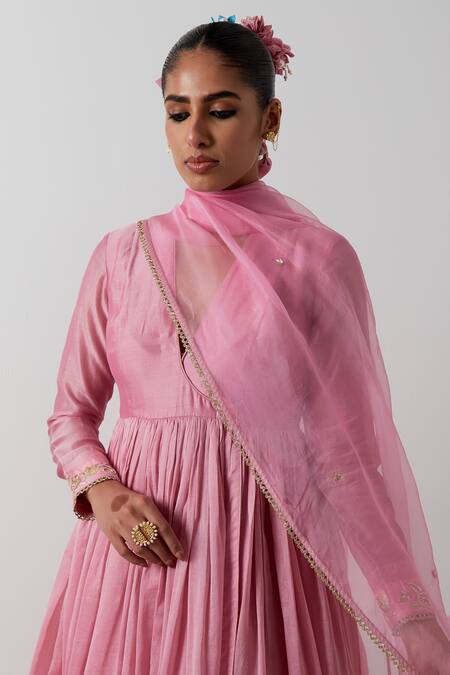 Shop_Vinusto_Pink Chanderi, Silk Embroidery, Lace, Zari, Gota Patti V-neck Anarkali Set _Online_at_Aza_Fashions