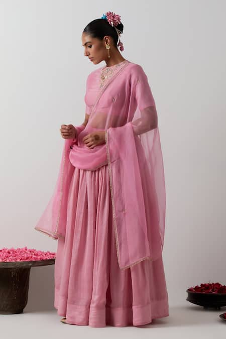 Buy_Vinusto_Pink Chanderi, Silk Embroidery, Lace Round Neck Blouse Lehenga Set _Online_at_Aza_Fashions
