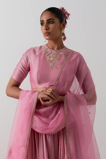 Shop_Vinusto_Pink Chanderi, Silk Embroidery, Lace Round Neck Blouse Lehenga Set _Online_at_Aza_Fashions