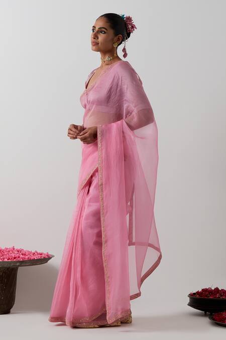 Vinusto_Pink Organza, Silk Embroidery, Piping V-neck Katan Saree And Blouse Set _Online_at_Aza_Fashions