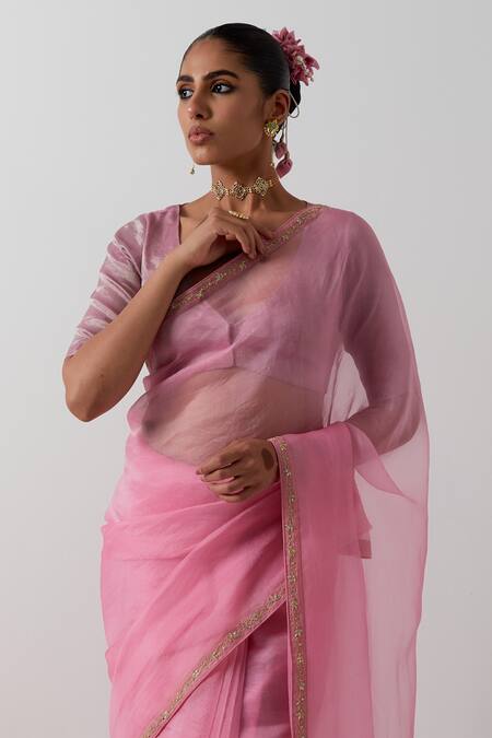 Buy_Vinusto_Pink Organza, Silk Embroidery, Piping V-neck Katan Saree And Blouse Set _Online_at_Aza_Fashions