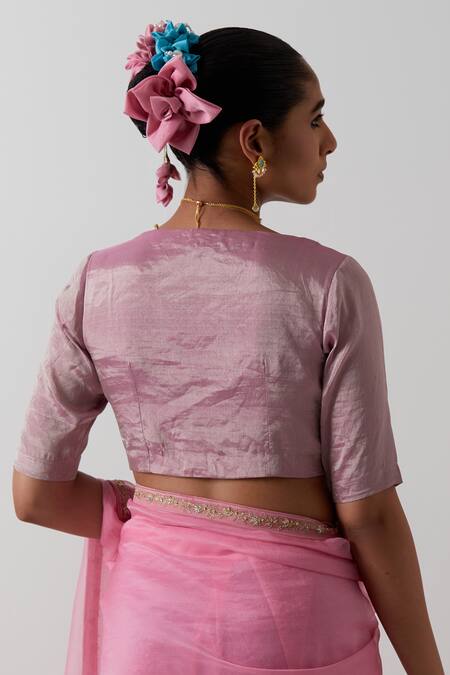 Shop_Vinusto_Pink Organza, Silk Embroidery, Piping V-neck Katan Saree And Blouse Set _Online_at_Aza_Fashions