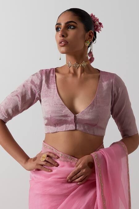 Vinusto_Pink Organza, Silk Embroidery, Piping V-neck Katan Saree And Blouse Set _at_Aza_Fashions