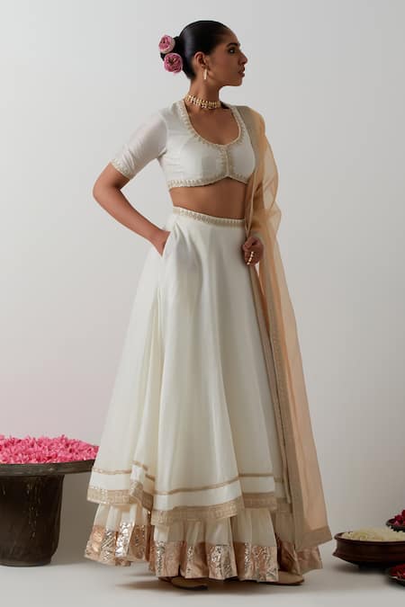 Vinusto_Ivory Chanderi, Tissue Embroidery, Zari, Gota Choli Blouse And Layered Lehenga _Online_at_Aza_Fashions