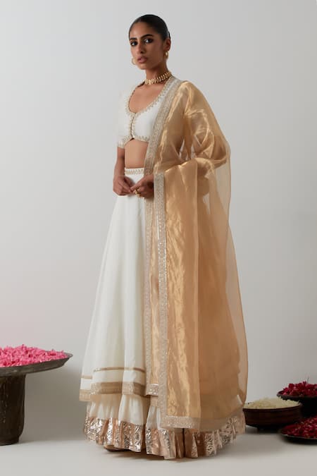 Buy_Vinusto_Ivory Chanderi, Tissue Embroidery, Zari, Gota Choli Blouse And Layered Lehenga _Online_at_Aza_Fashions