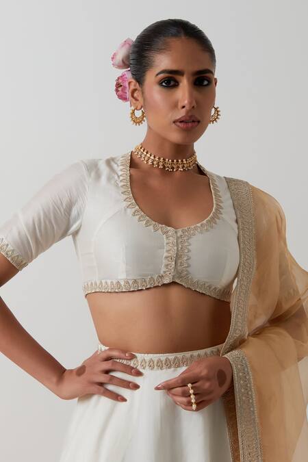 Shop_Vinusto_Ivory Chanderi, Tissue Embroidery, Zari, Gota Choli Blouse And Layered Lehenga _Online_at_Aza_Fashions