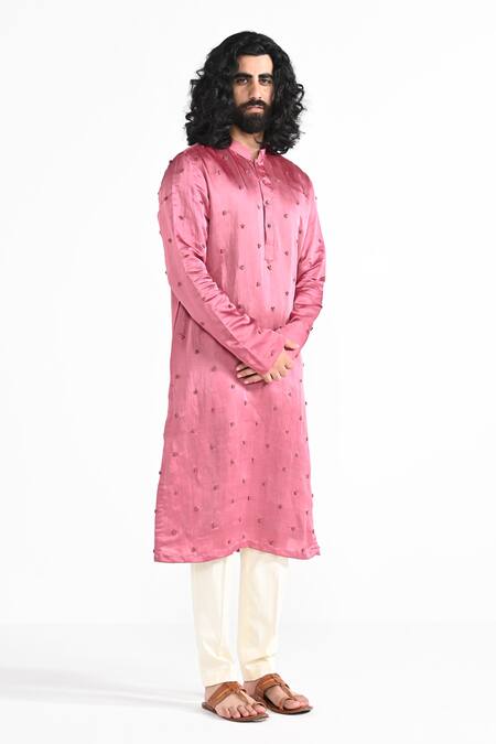 Kalpana Naik_Pink Linen, Satin Embroidery Hand Kurta Pant Set _Online_at_Aza_Fashions