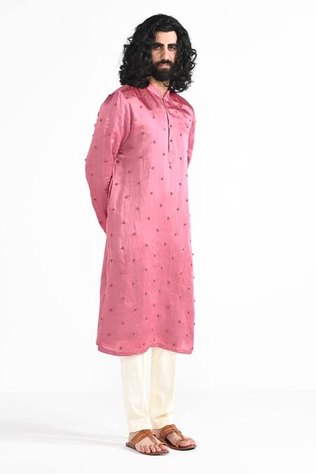 Buy_Kalpana Naik_Pink Linen, Satin Embroidery Hand Kurta Pant Set _Online_at_Aza_Fashions