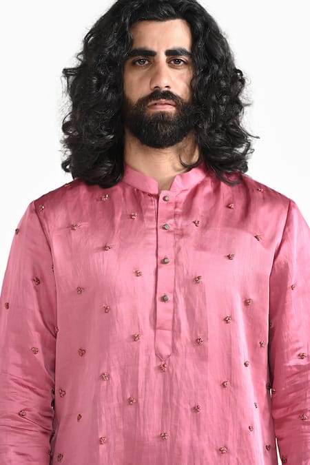 Shop_Kalpana Naik_Pink Linen, Satin Embroidery Hand Kurta Pant Set _Online_at_Aza_Fashions