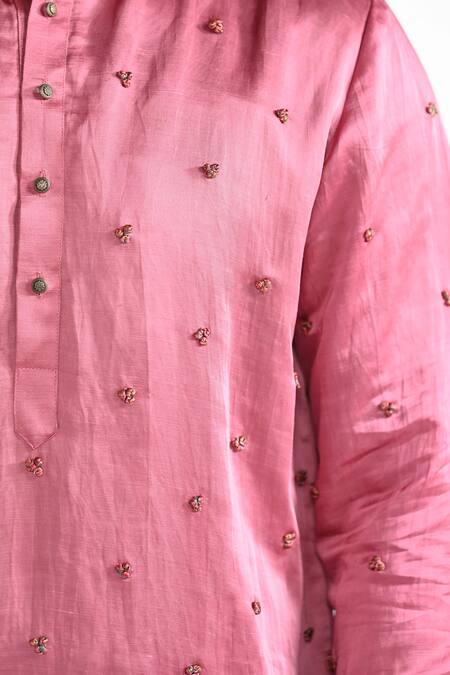 Kalpana Naik_Pink Linen, Satin Embroidery Hand Kurta Pant Set _at_Aza_Fashions