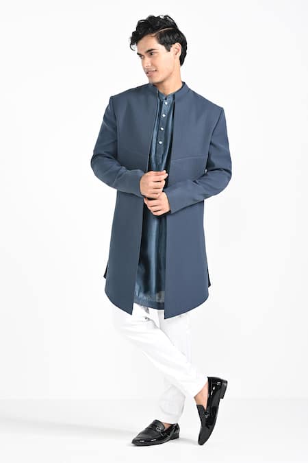 Buy_Kalpana Naik_Blue Terrycloth, Rayon Storm Open Jacket And Kurta Set _Online_at_Aza_Fashions
