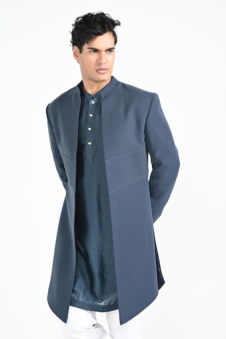 Shop_Kalpana Naik_Blue Terrycloth, Rayon Storm Open Jacket And Kurta Set _Online_at_Aza_Fashions