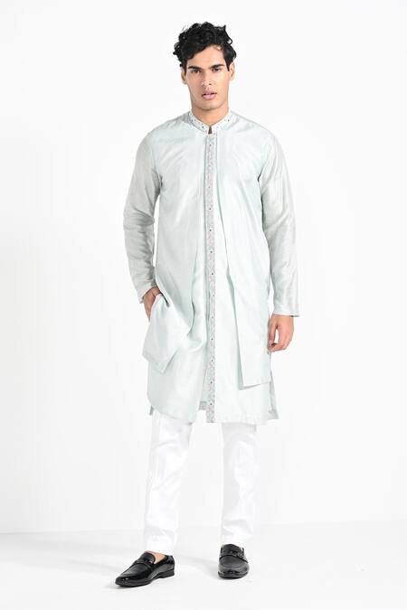 Kalpana Naik_Blue Bemberg, Silk Embroidery Geometric Jacket And Kurta Set _Online_at_Aza_Fashions