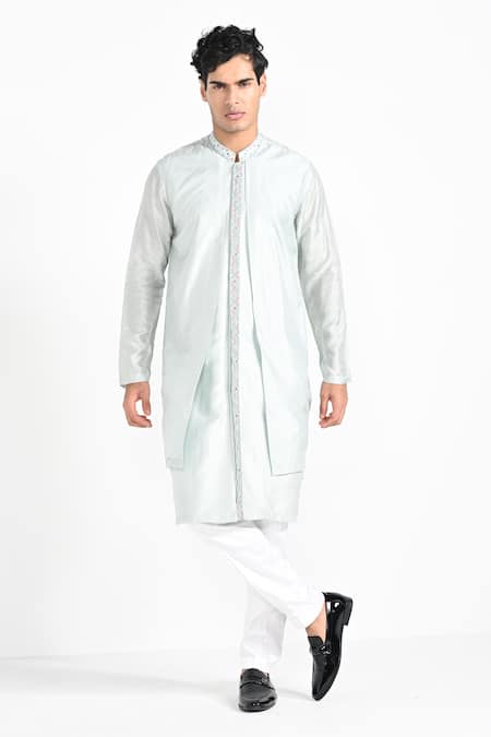 Buy_Kalpana Naik_Blue Bemberg, Silk Embroidery Geometric Jacket And Kurta Set _Online_at_Aza_Fashions