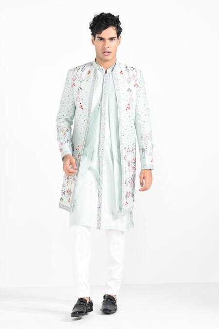 Shop_Kalpana Naik_Blue Bemberg, Silk Embroidery Geometric Jacket And Kurta Set _Online_at_Aza_Fashions
