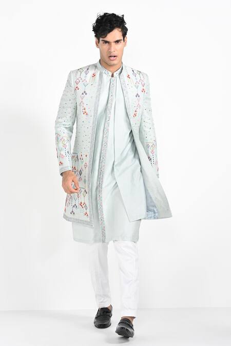 Kalpana Naik_Blue Bemberg, Silk Embroidery Geometric Jacket And Kurta Set _at_Aza_Fashions