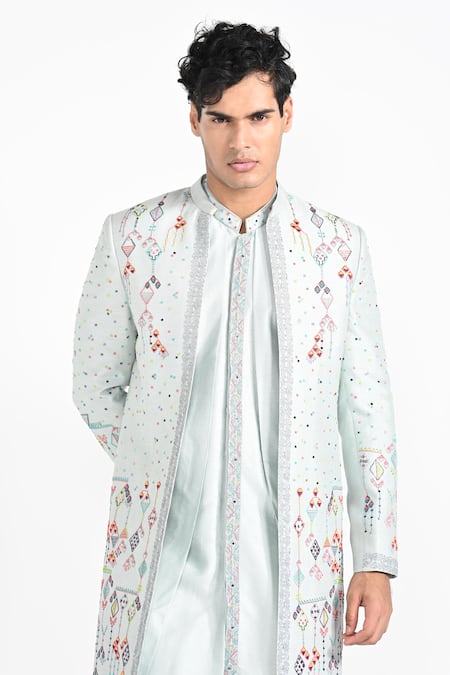 Buy_Kalpana Naik_Blue Bemberg, Silk Embroidery Geometric Jacket And Kurta Set 