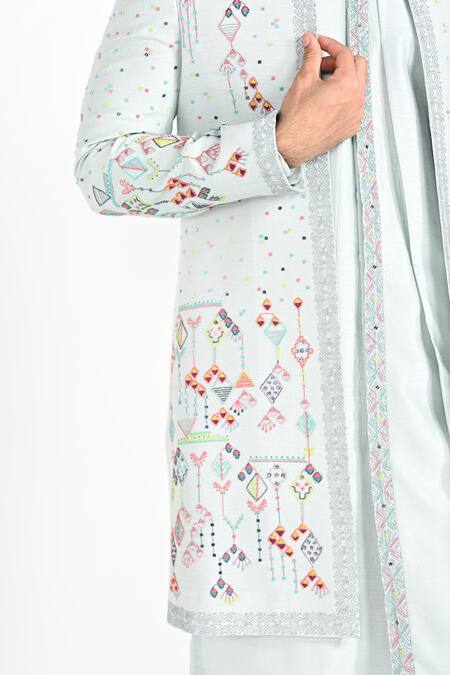 Shop_Kalpana Naik_Blue Bemberg, Silk Embroidery Geometric Jacket And Kurta Set 