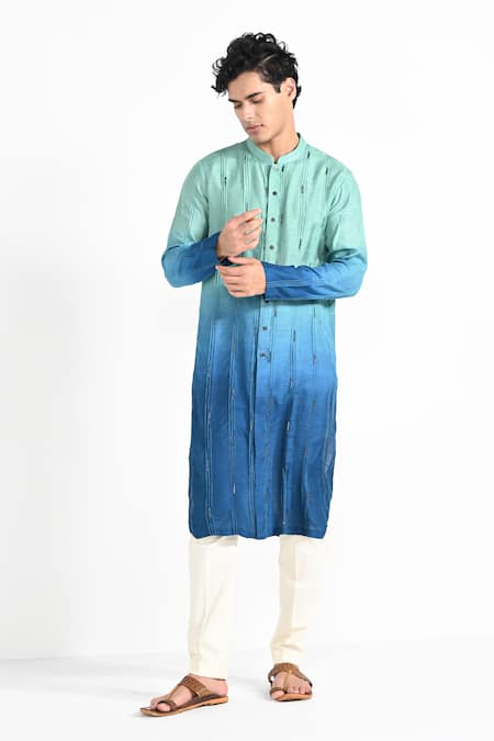 Kalpana Naik_Blue Bemberg, Silk, Cotton Embroidery Ocean Ombre Kurta Set _Online_at_Aza_Fashions