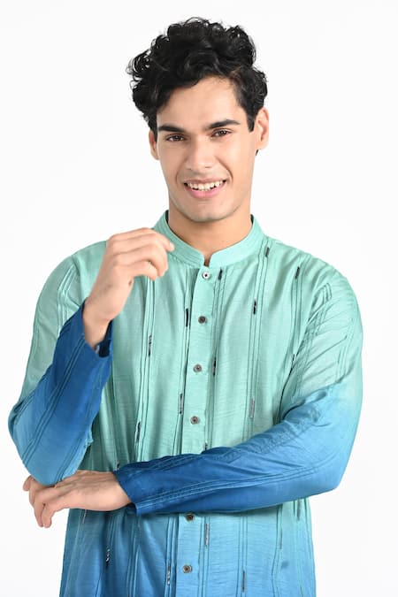 Buy_Kalpana Naik_Blue Bemberg, Silk, Cotton Embroidery Ocean Ombre Kurta Set _Online_at_Aza_Fashions