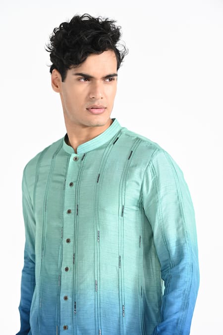 Shop_Kalpana Naik_Blue Bemberg, Silk, Cotton Embroidery Ocean Ombre Kurta Set _Online_at_Aza_Fashions