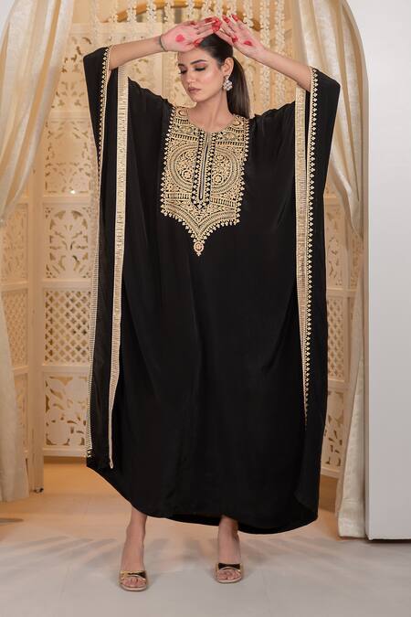Daljit Sudan_Black Crepe Embroidery, Zari V-neck Thread And Tilla Kaftan _at_Aza_Fashions