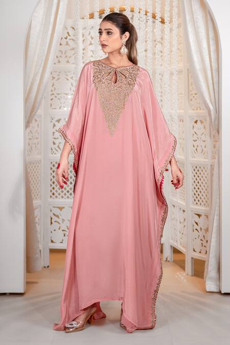 Daljit Sudan_Pink Crepe Embroidery Keyhole Neck Aari And Tilla Kaftan _at_Aza_Fashions