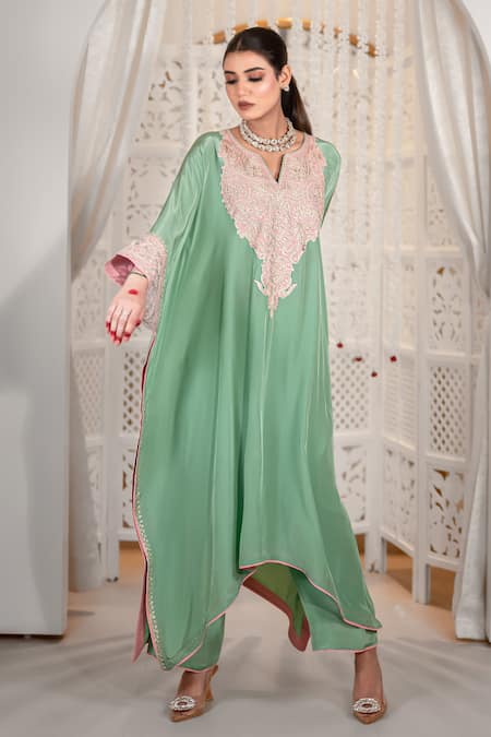 Shop_Daljit Sudan_Green Crepe Embroidery V-neck Aari Thread Kaftan And Pant Set _Online_at_Aza_Fashions