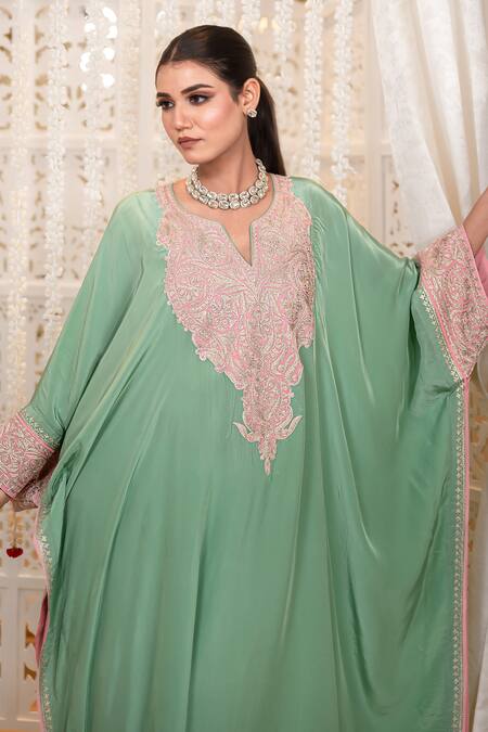 Shop_Daljit Sudan_Green Crepe Embroidery V-neck Aari Thread Kaftan And Pant Set 
