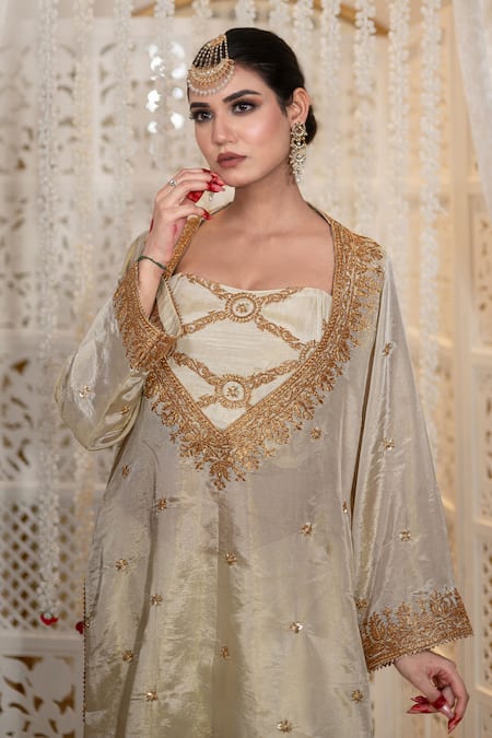 Shop_Daljit Sudan_Off White Satin, Tissue Embroidery, Stones V-neck, Tilla And Cutdana Kurta Set _Online_at_Aza_Fashions
