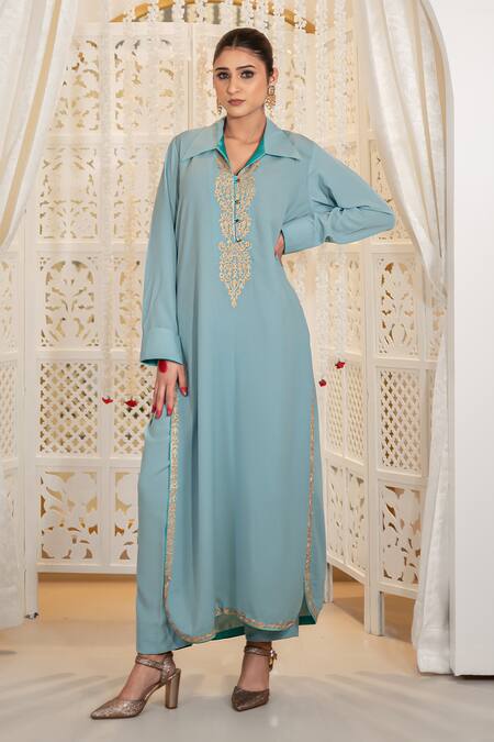 Shop_Daljit Sudan_Blue Georgette Embroidery Collared Tilla Kurta And Pant Set _Online_at_Aza_Fashions