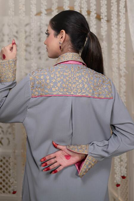 Shop_Daljit Sudan_Gray Georgette Embroidery Collared Tilla Double Kurta Set _Online_at_Aza_Fashions