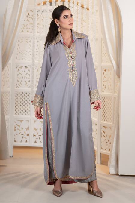 Buy_Daljit Sudan_Gray Georgette Embroidery Collared Tilla Double Kurta Set 