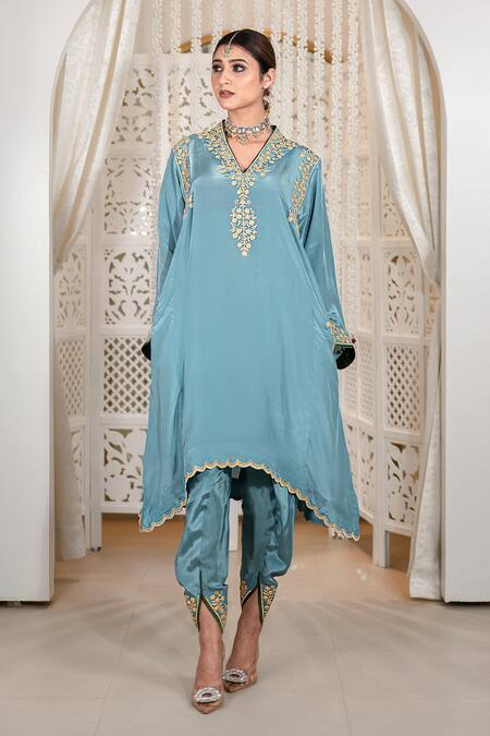 Shop_Daljit Sudan_Blue Crepe Embroidery V-neck Tilla Phiran And Tulip Pant Set 