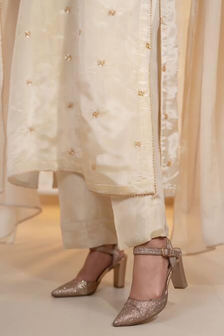 Daljit Sudan_Off White Satin, Organza Embroidery Split V-neck Tissue Tilla Kurta Set _Online_at_Aza_Fashions