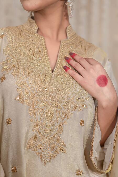 Daljit Sudan_Off White Satin, Organza Embroidery Split V-neck Tissue Tilla Kurta Set _at_Aza_Fashions