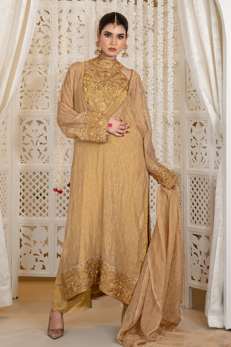 Daljit Sudan Tilla Embroidered Crushed Tissue Kurta Set